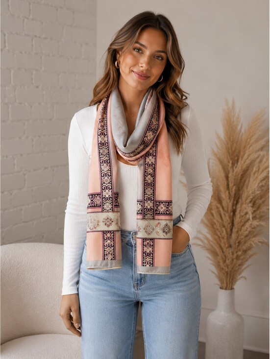 Adrienne Vittadini Accessories - Adrienne Vittadini Silk Scarf Peach Gray Floral Geometric Oblong 14x62 Vintage
